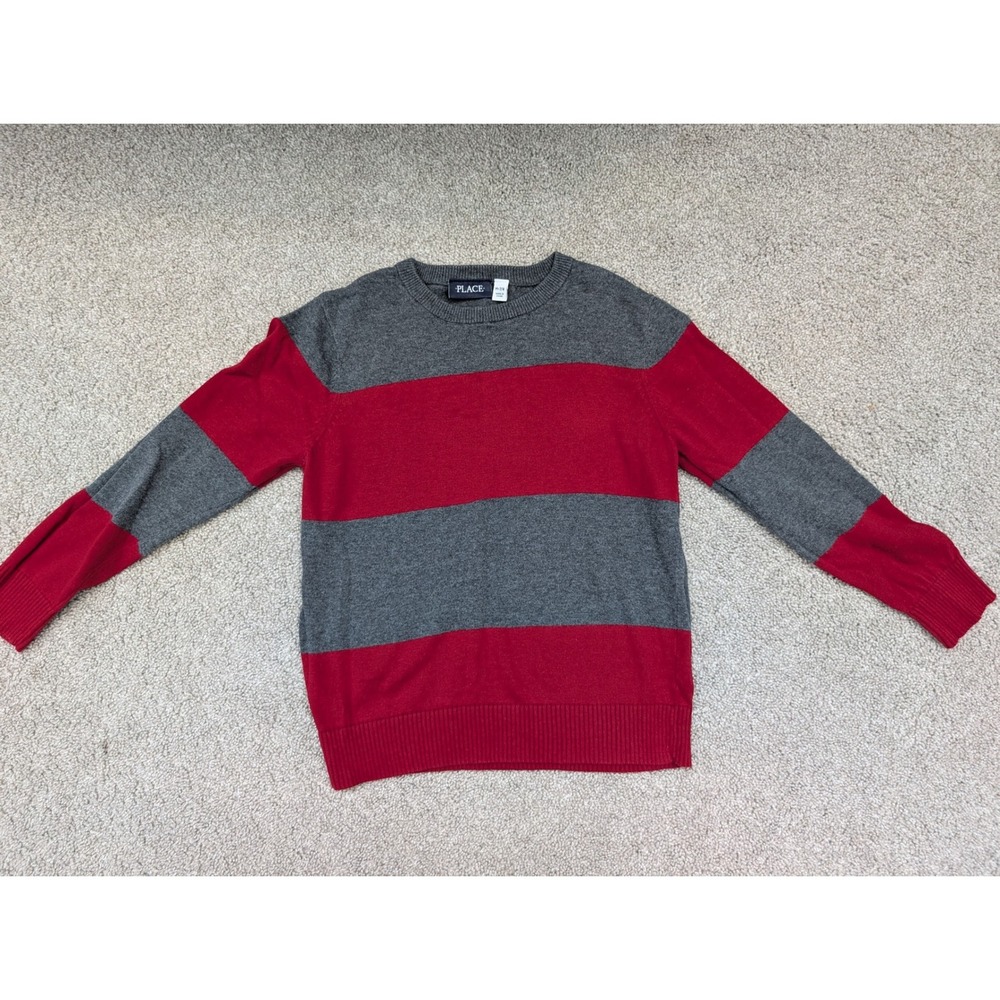 The‎ Children's Place Crewneck Sweater Kids XL 14 Red Grey Striped Knit Pullover